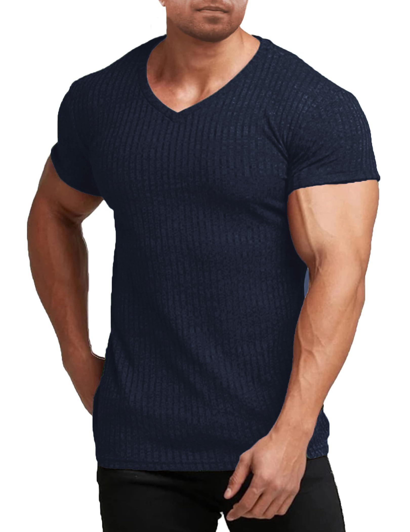 COOFANDY Men's Muscle T Shirts Stretch Short Sleeve V Neck Bodybuilding Workout Tee Shirts Ribbed Knit Shirt