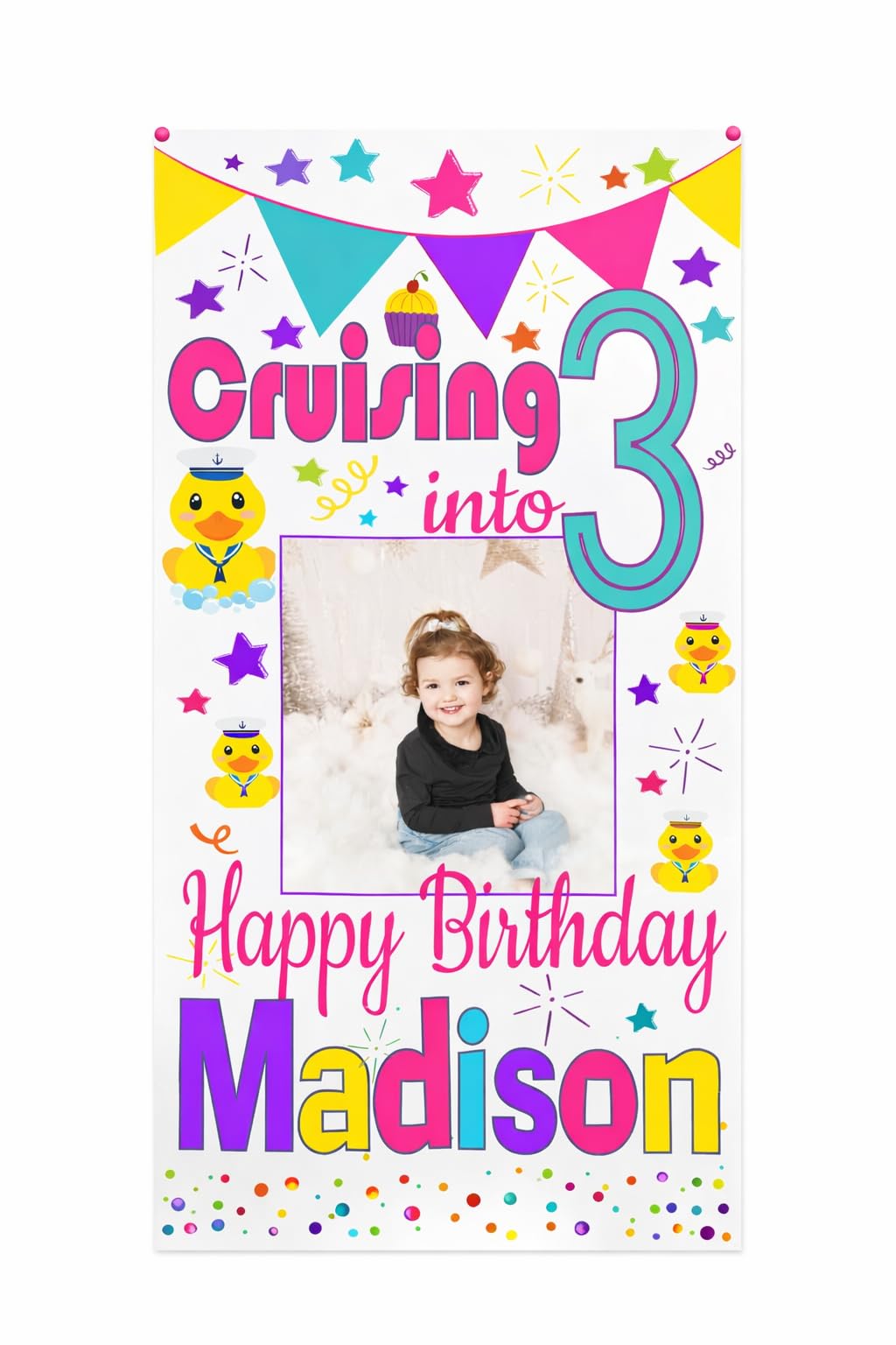 Print A Party Personalised Cruise Door Decorations, Birthday Banner Customised with Age, Name and Photo for Men, Women or Kids, Large 4ft x 2ft (Pink Ducks)
