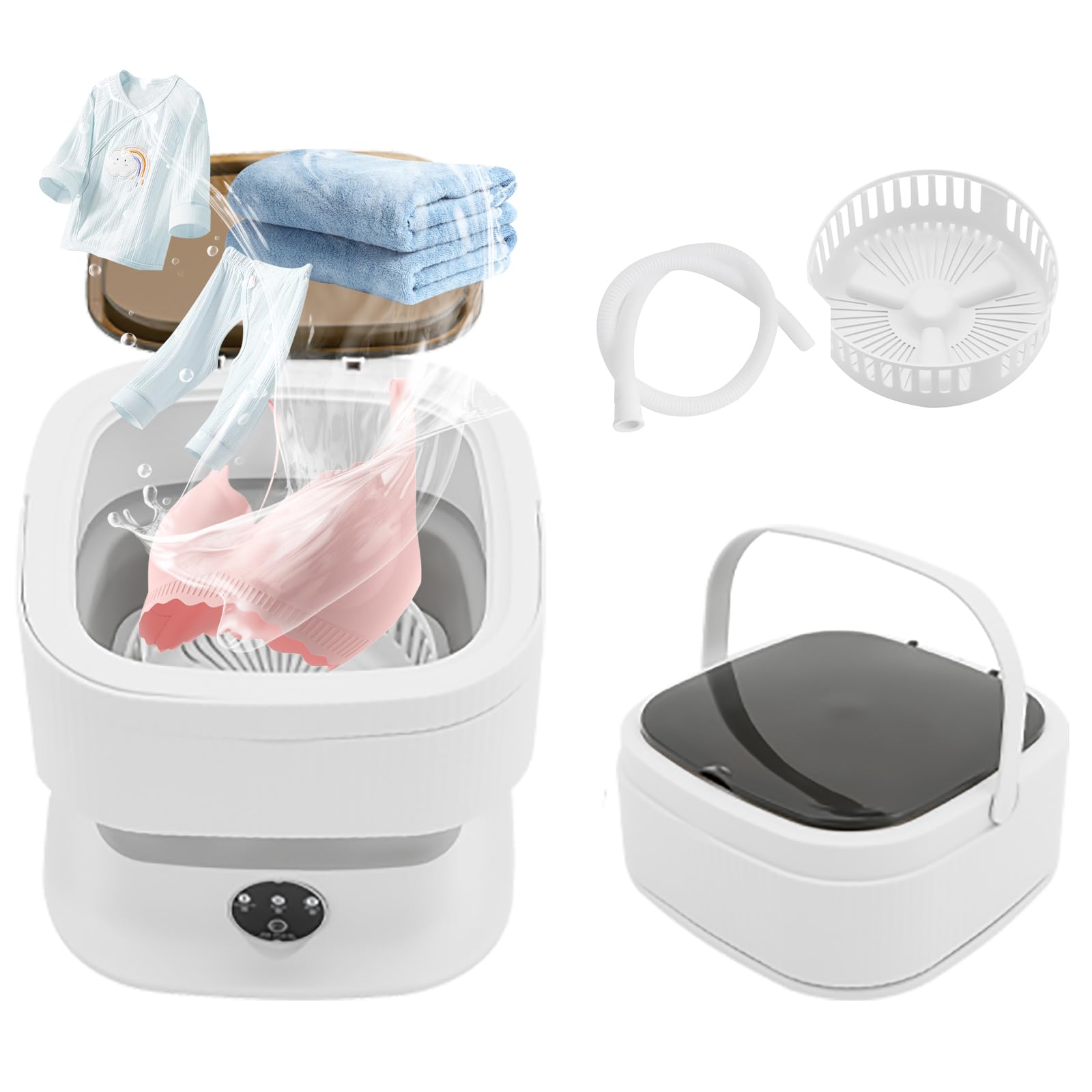 Mini lavatrice pieghevole portatile, 10 l, piccola lavatrice, campeggio, con tubo di scarico e scolapiatti, 40 W, semiautomatica, per asciugamani da bagno, biancheria intima, vestiti per bambini