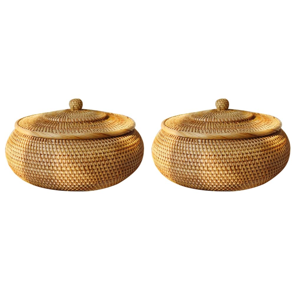 Hndhbfgrt 2X Round Rattan Box,Wicker Fruit Basket with Lid Bread Basket Tray Storage Basket Willow Woven Basket for Bread, Snack