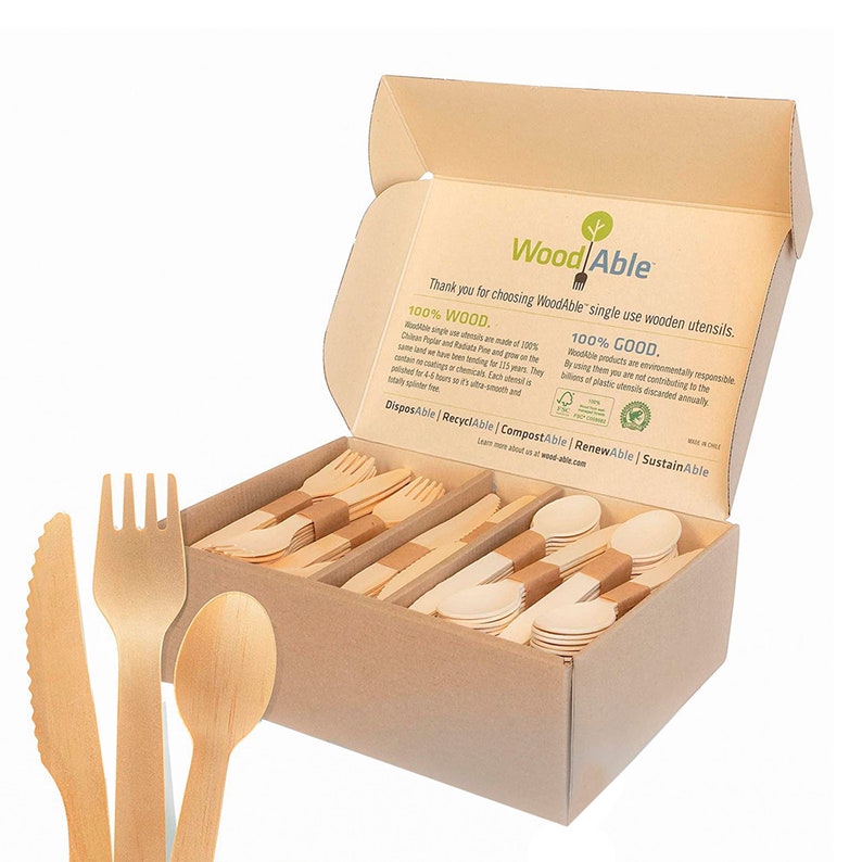 Disposable Wooden Forks, Spoons, Knives Set by Woodable