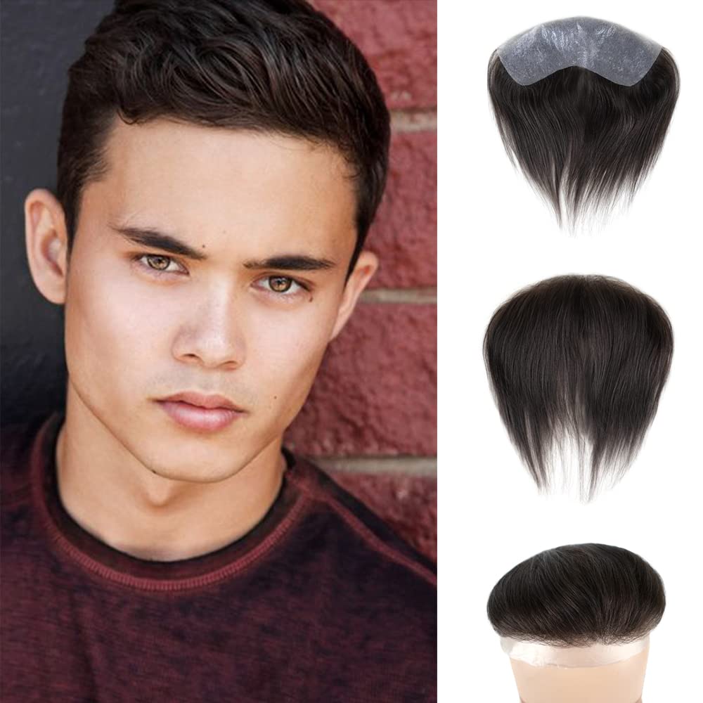 Lordhair Toupee for Men Frontal Hair Piece Human Hair System V-Shape Natural Hairline Replacement System 6 * 1.5 inches Hair Piece for Men Dark Brown