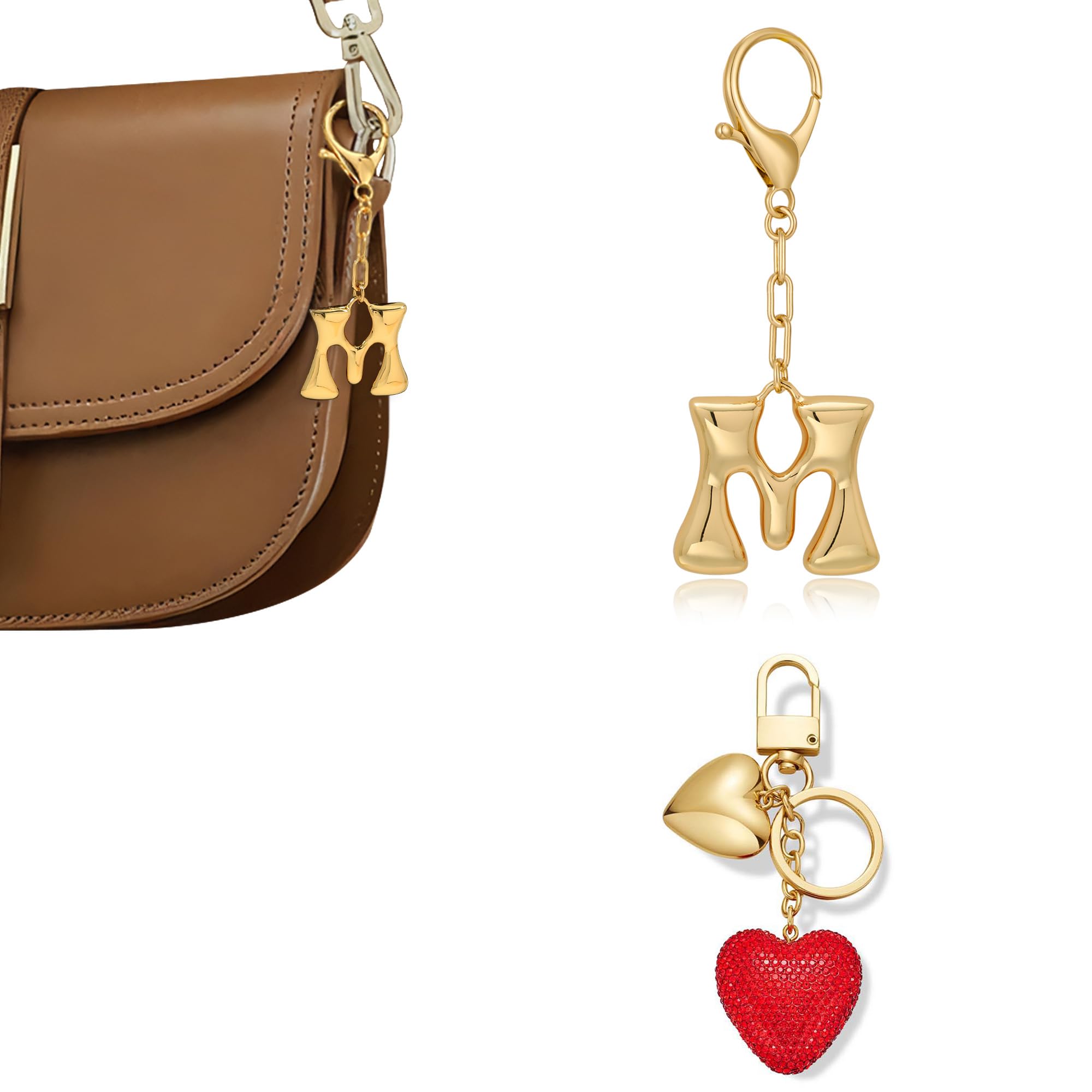 HolidayQbee Bag Charm Schlüsselanhänger Taschenanhänger mit Gold Buchstabe und Rotes Herz, Elegantes Taschen Charm, Accessoire für Tasche oder Schlüssel Geschenkidee für Damen