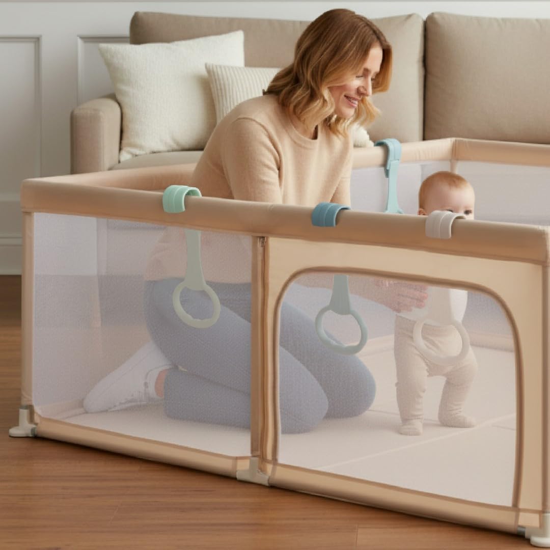 sun baby Laufstall mit grün Griffen 150x200 cm 0-2 Jahre Beige, Polyester, Netzwände, Eingang mit Reißverschluss, rutschfeste Füße, Tragetasche im Set, Metallrahmen