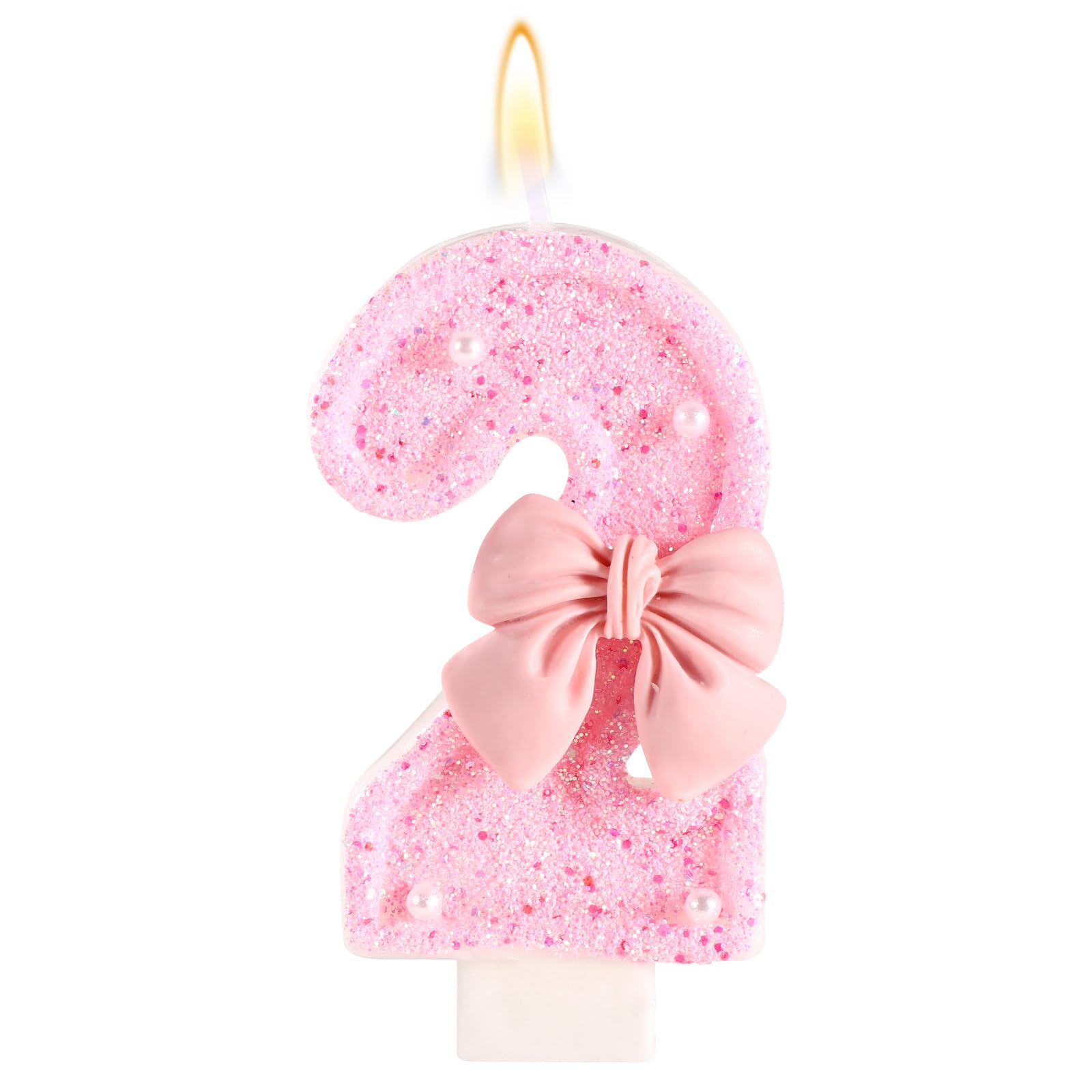 Pink Bow Birthday Candle, Shiny Bow Pearl Sequins Happy Birthday Number 2nd Candles Perfect Cakes Toppers Decorations for Celebration Party Wedding