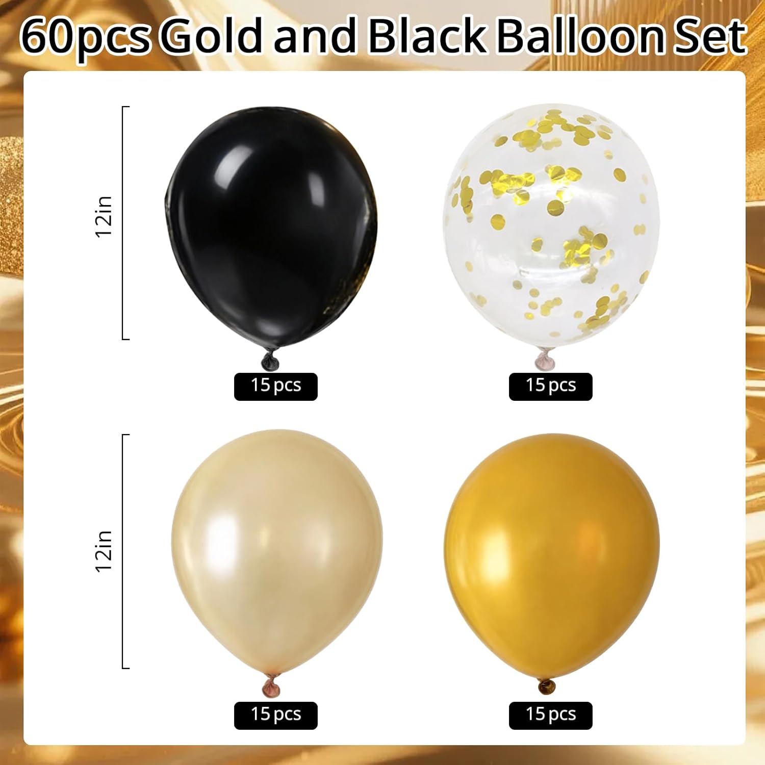 60Pcs Black Gold Balloons, 12inch Black Orange Gold Confetti Balloons for Graduation Anniversary New Year Birthday Party Decorations