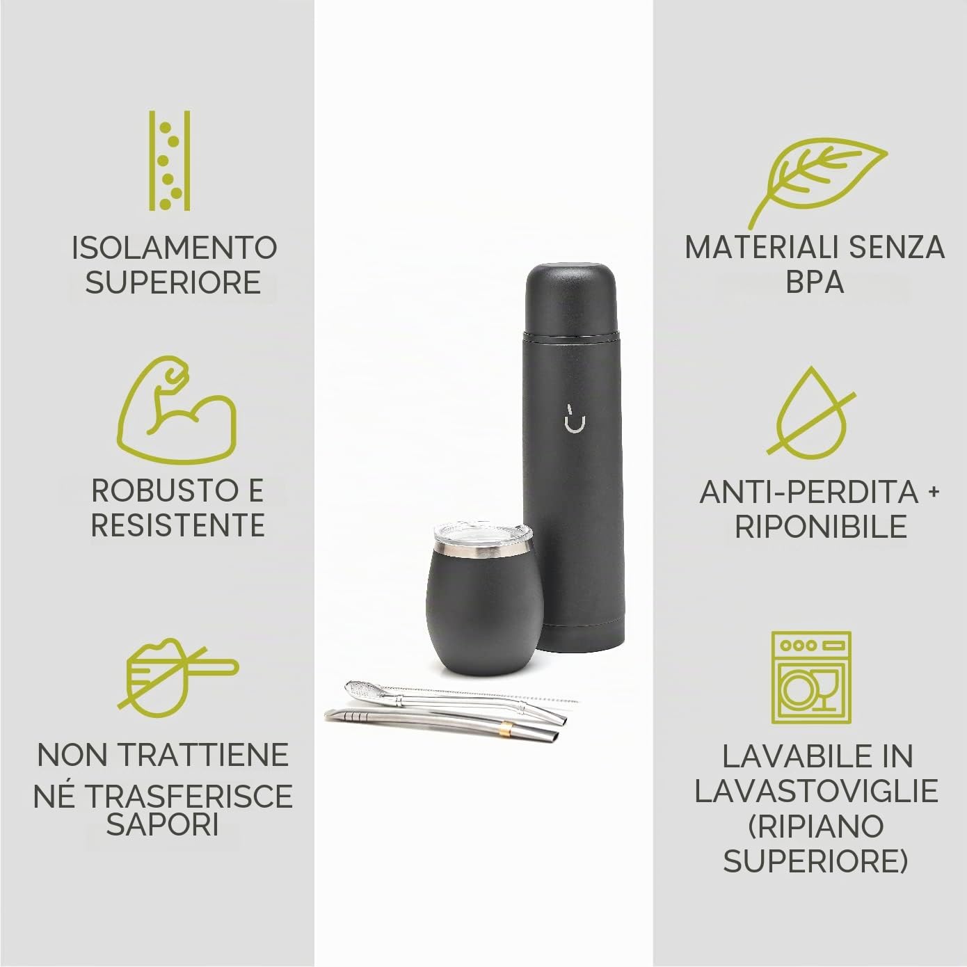 BALIBETOV Set Completo Yerba Mate - Zucca Mate Moderna, Thermos, Bombilla e Spazzola per la Pulizia Inclusi - Tutto in Acciaio Inossidabile 304 18/8 di Qualità Premium (Nero solido)