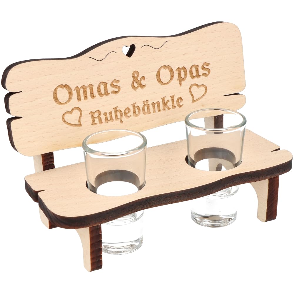 Spruchreif Schnapsbank „Omas und Opas Ruhebänkle“ – Holz Schnapsbank mit 2 Gläsern – Schnapsglashalter mit Herz-Ausschnitt – Geschenk für Großeltern