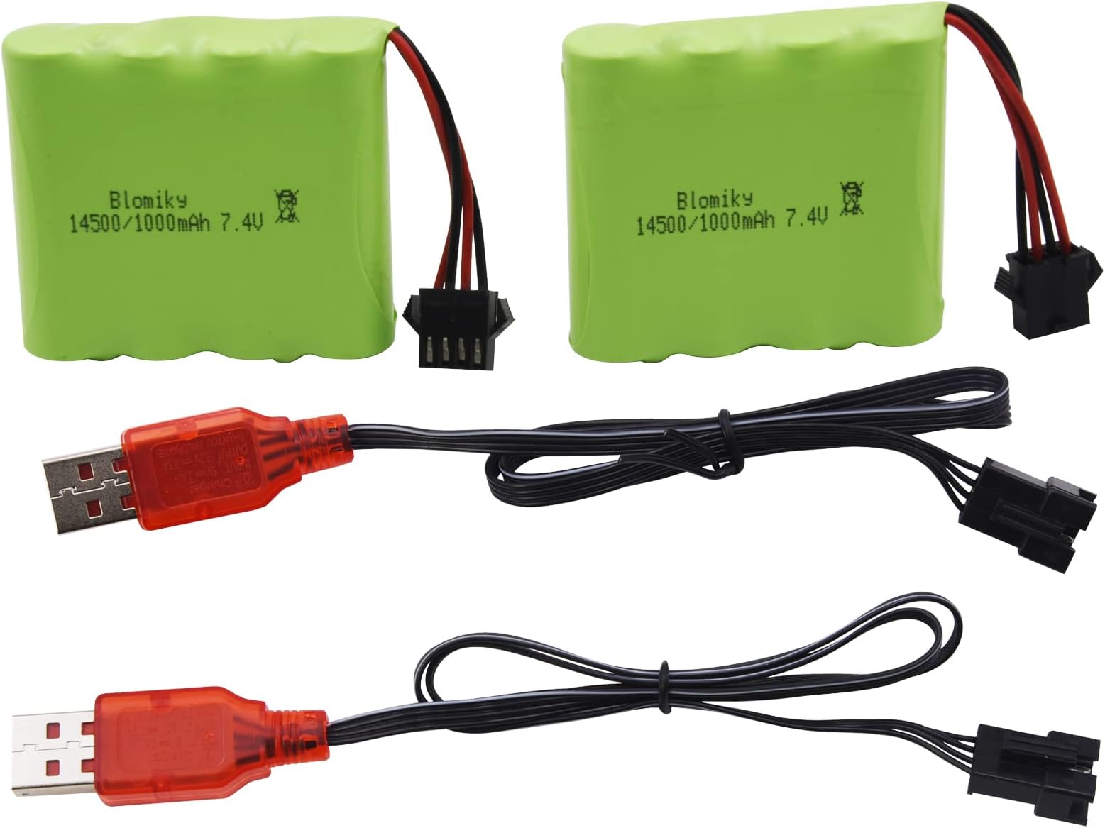 Blomiky 2 Pack 7.4V 1000mAh Li-ion Rechargeable Battery with SM-4P Plug and USB Cable Suitable for DE36W DE65 1809 RC Cars / DE36 Battery 2