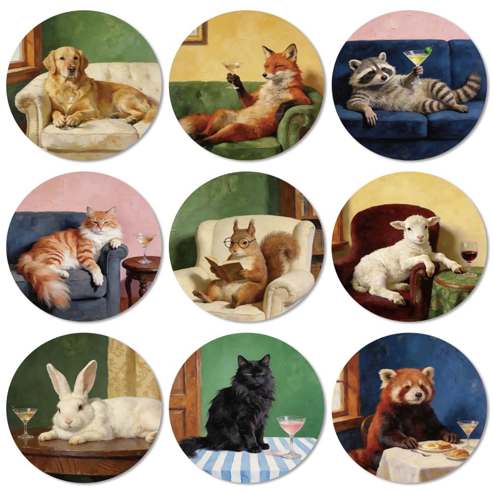 ANATTASOUL Animal Oil Paintings Wood Coasters Set of 9 for Coffee Table