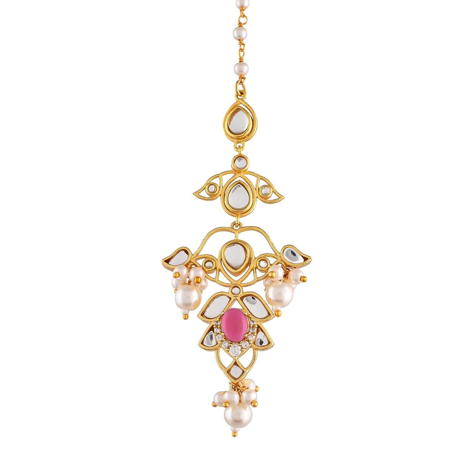 voylla Heer Samreen Mangtikka|Maangtika For Women|Pearl Beaded|Carved Stone|Kundan|American Diamond |Wedding|Party Wear|-picture-23