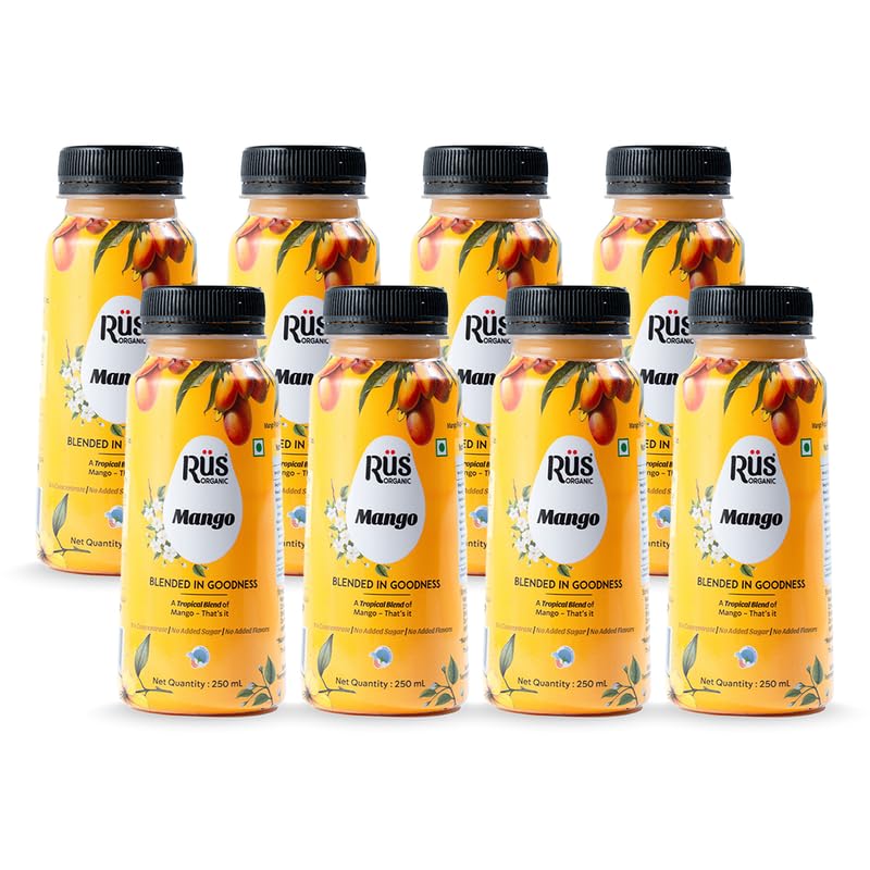 Image of Rus Organic Mango Juice | Natural Fresh Alphonso Mango Fruit Juice | Cold-Pressed | Pack of 8 (250ml Each) | No Added Sugar or Preservatives | Rich in Antioxidants | Refreshing Drink