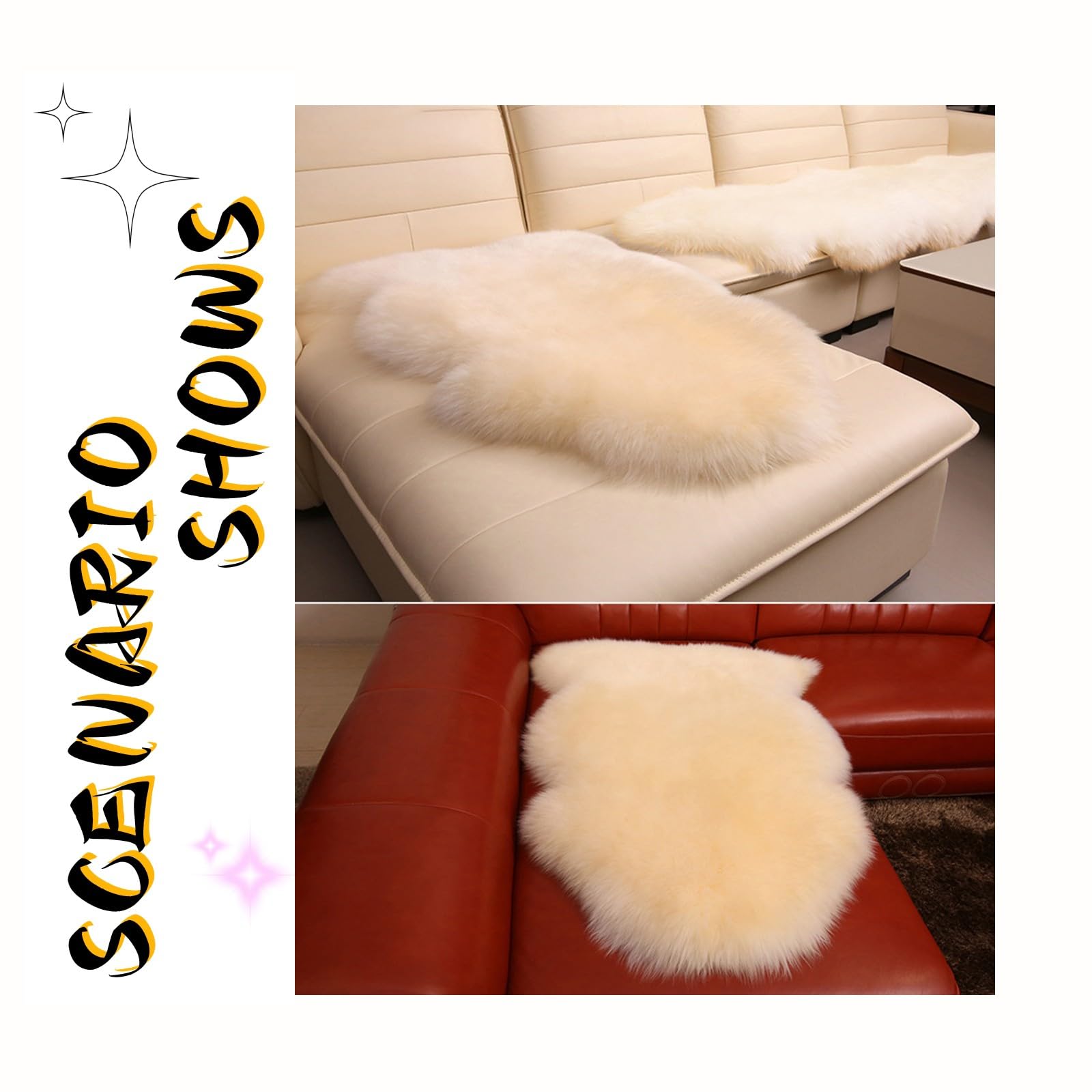 Echter Schaffell Teppich Groß - Echte NeuseeläNdische Schaffell Teppiche Wollfell Bodenmatte - LuxuriöSer Schaffell Sitz Stuhlbezug Sofamatten füR Schlafzimmer und Wohnzimmer(Off White,60*90cm)