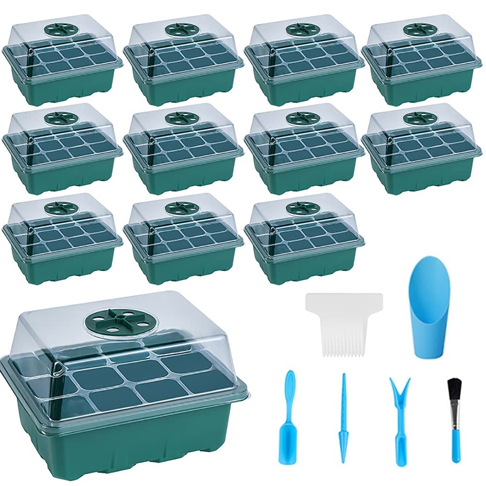 12 Pack Seed Starter Tray Kit with Seed Starting Tools, 144 Cells Green Adjustable Humidity Dome Germination Station with Base, Propagation Stations Green House for Seed Growing