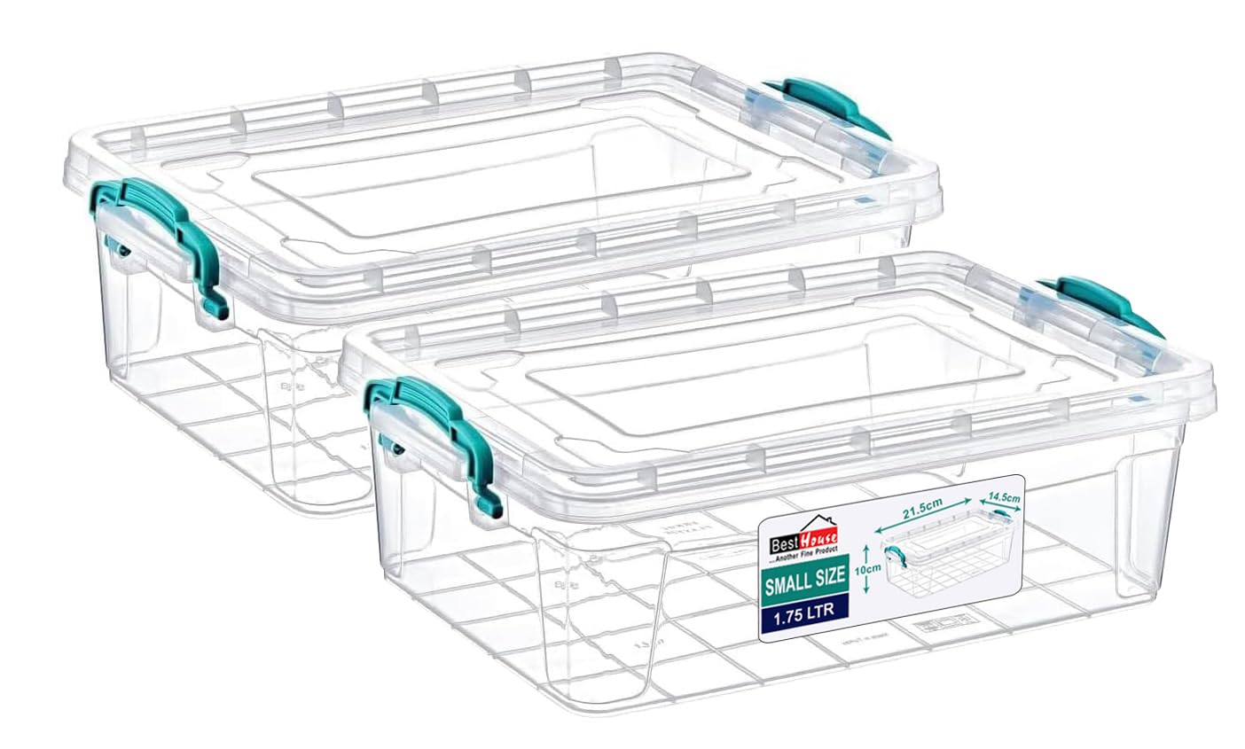 Best House| Small Plastic Storage Box with Clips & Lid |Size 1.75L (L:21.6cm W:14.5cm H:9.5cm)|Set of 2|Rectangle|Stackable Clear Durable Multipurpose Office Home Bits N Pcs(Very SMALL Size)-1.75 L — image 1