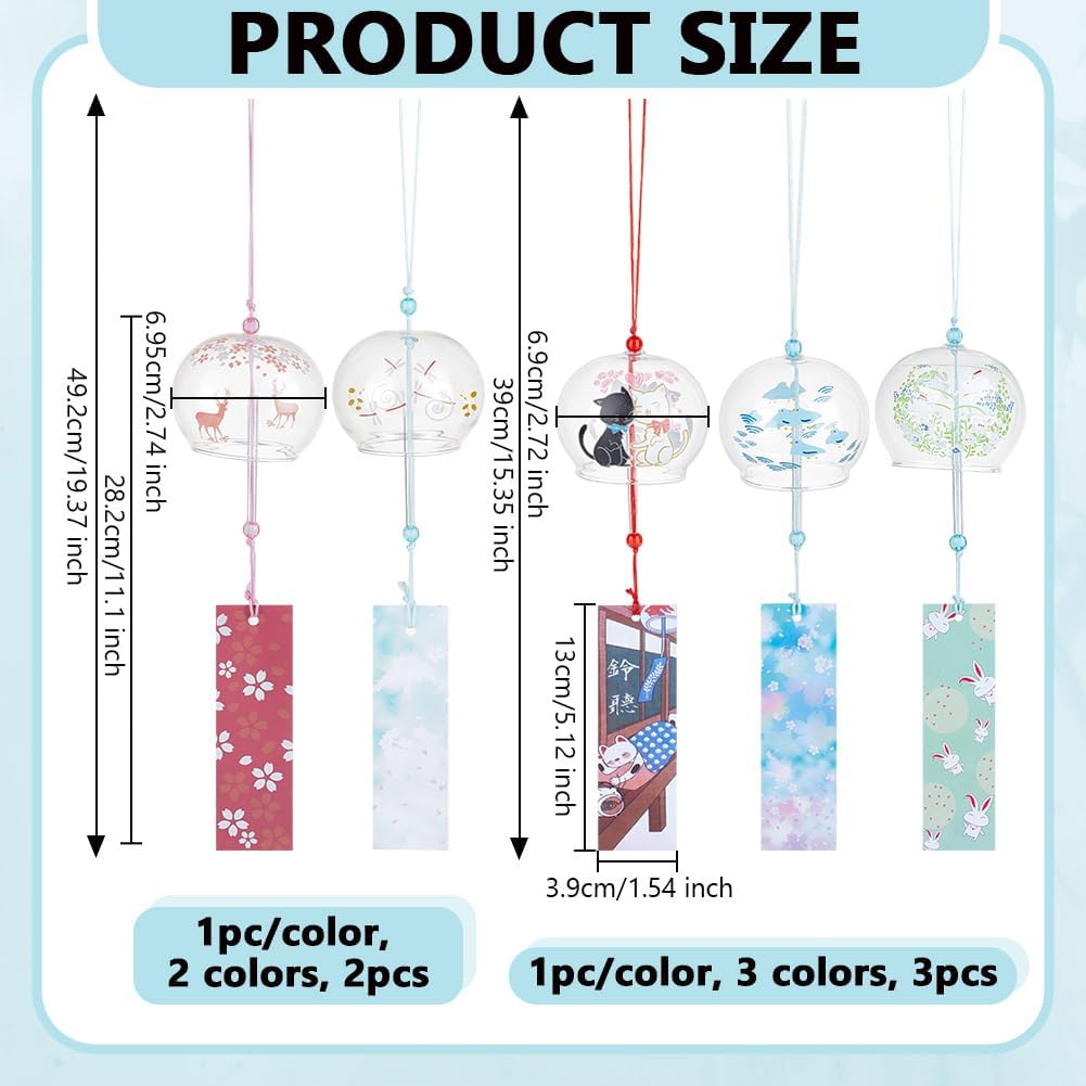 OLYCRAFT 5pcs 5 Styles Japanese Wind Chimes Animal Theme Handcrafted Glass Wind Bells Glass Wind Bells Creative Hanging Pendants for Home Garden Wedding Indoor Outdoor Decoration - Image 2
