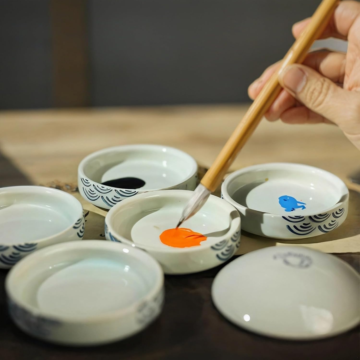 Elegant Ceramic Watercolor Mixing Tray with Lid – 5-Dish Palette, Perfect for Ink & Watercolor Painting, Ideal Gift