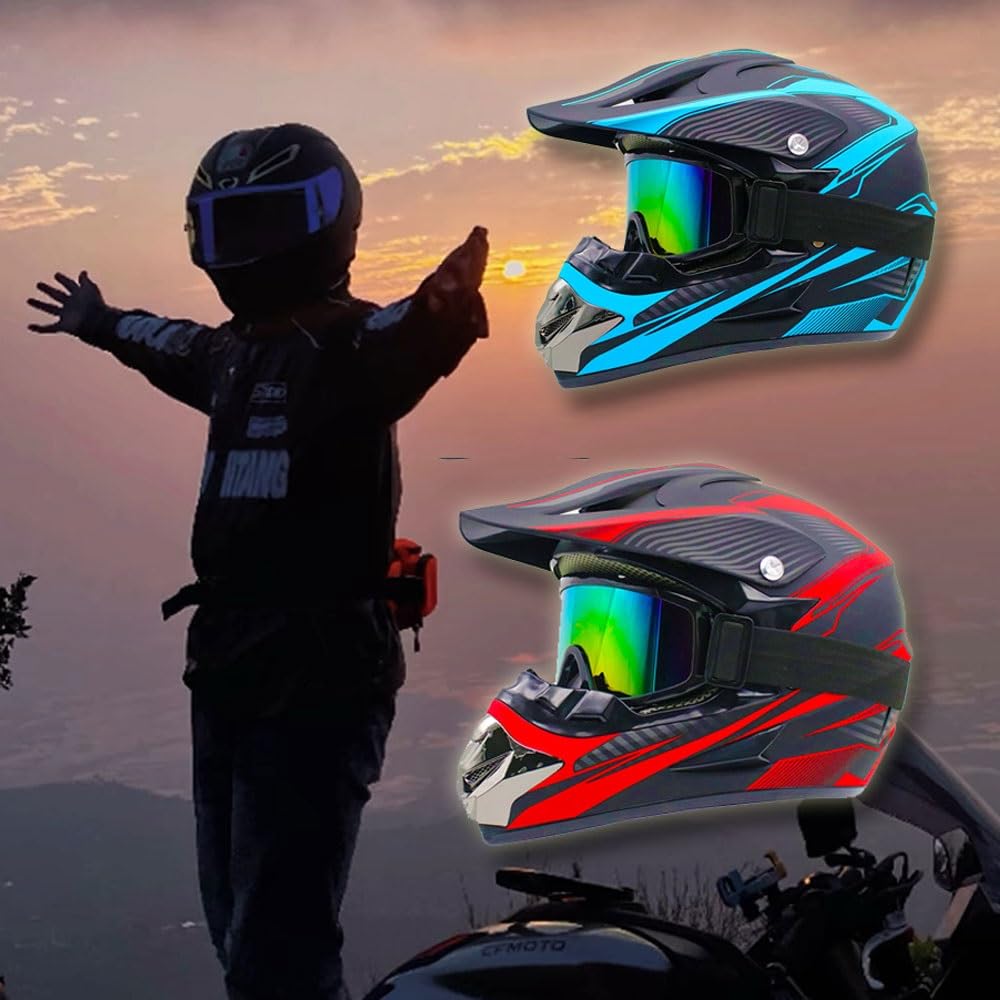 Casque de Motocross Pour Enfants, Casque de Vtt IntéGral Avec Lunettes, Masque Et Gants, Casque de Moto Quad Pour Jeunes Enfants, Homologué DOT(Blue lines,L(56-57cm))
