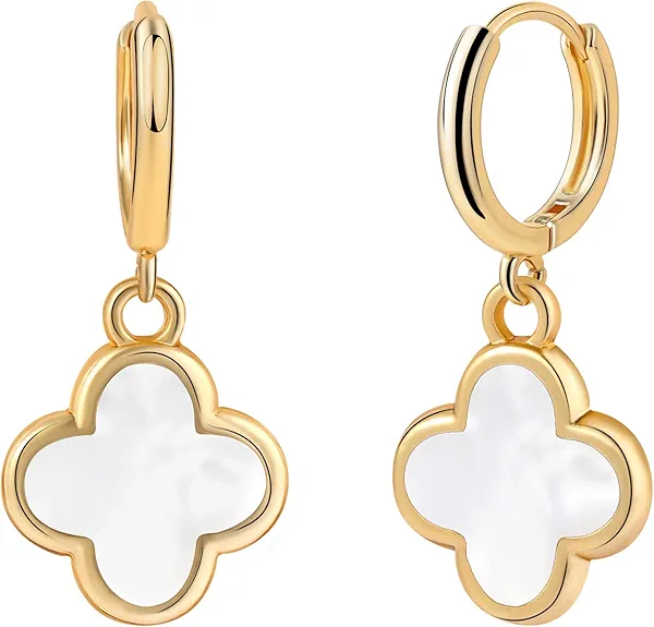 Clover Earrings for Women Four Leaf Clover Dangle Earring 4 Clover Gold Hoop Hypoallergenic lightweight Lucky Mother Gifts Birthday Christmas Anniversary Simple Jewelry (Gold/White Clover Jewelry)