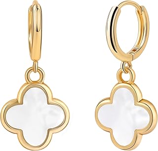 Clover Earrings for Women Four Leaf Clover Dangle Earring 4 Clover Gold Hoop Hypoallergenic lightweight Lucky Mother Gifts Birthday Christmas Anniversary Simple Jewelry (Gold/White Clover Jewelry)