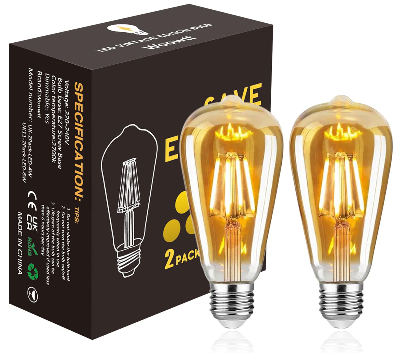 Woowtt Edison Led Bulbs E27, 4W Vintage Screw Light Bulb Warm White 2700K, Dimmable ST64 LED Filament Bulb 40W Equivalent, Retro Style Amber Glass Screw Lamp, 400LM, Pack of 2 — image 1