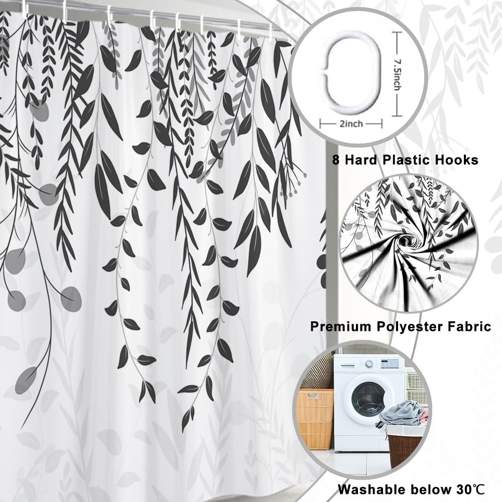 Duschvorhang Grau, Duschvorhang Eukalyptus Blätter Motiv Pflanzen Duschvorhänge Anti Schimmel Wasserdicht Polyester Stoff Waschbar Bad Vorhang mit 8 Haken für Badezimmer Badewanne 120x180cm