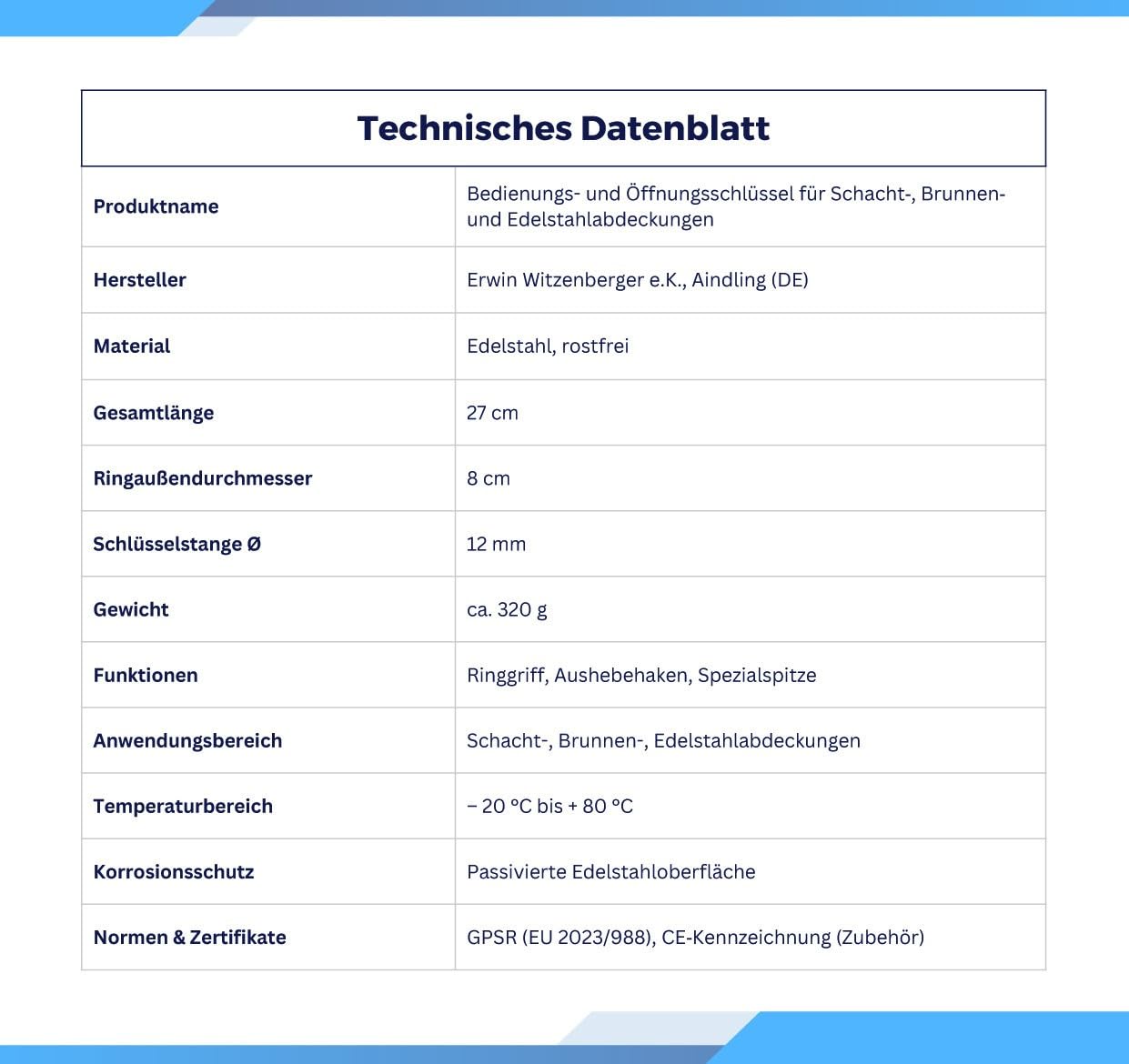 Aushebe- und Bedienschlüssel für Schacht, Brunnen und Edelstahlabdeckungen, Bedienungsschlüssel, Schlüssel zum Öffnen von Schachtdeckel, Werkzeug f. Abdeckungen, Gitter, Rost, Hakenschlüssel
