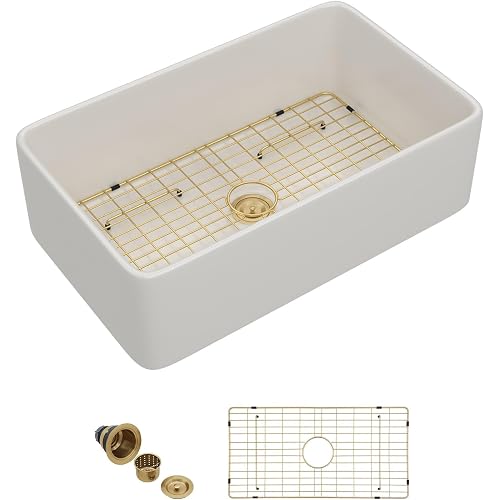 White Farmhouse Sink - 33 Inch Fireclay Reversible Apron Front Ceramic Porcelain Farmer Style Barn 33x20 Single Bowl Farm Sink for Kitchen Basin with Luxury Gold Accessories #TLAC-0096