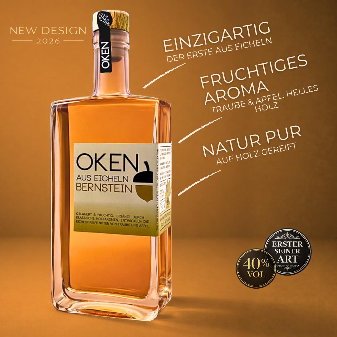 OKEN Bernstein Premium-Spirituose aus Eicheln – Reifung auf Akazien- und Eichenholz – Besonders mild im Geschmack – Von Hand hergestellte Spirituose – Schnaps Flasche 0.5 Liter
