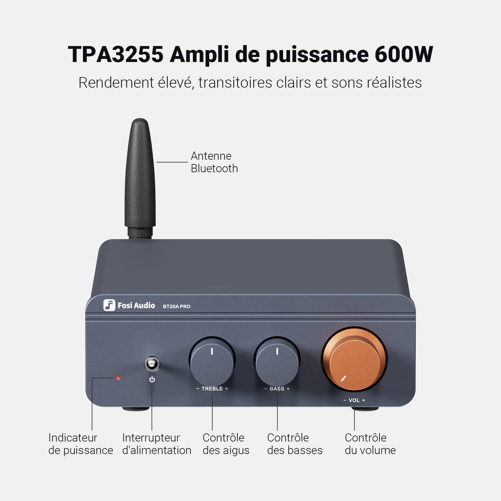 Fosi Audio BT20A Pro Amplificateur Audio, 300 W x2 Mini Ampli HiFi avec TPA3255, Ampli Bluetooth 2 Canaux Stéréo Classe D Intégré Amélioré pour Haut-parleurs avec Contrôle des Aigus et des Basses