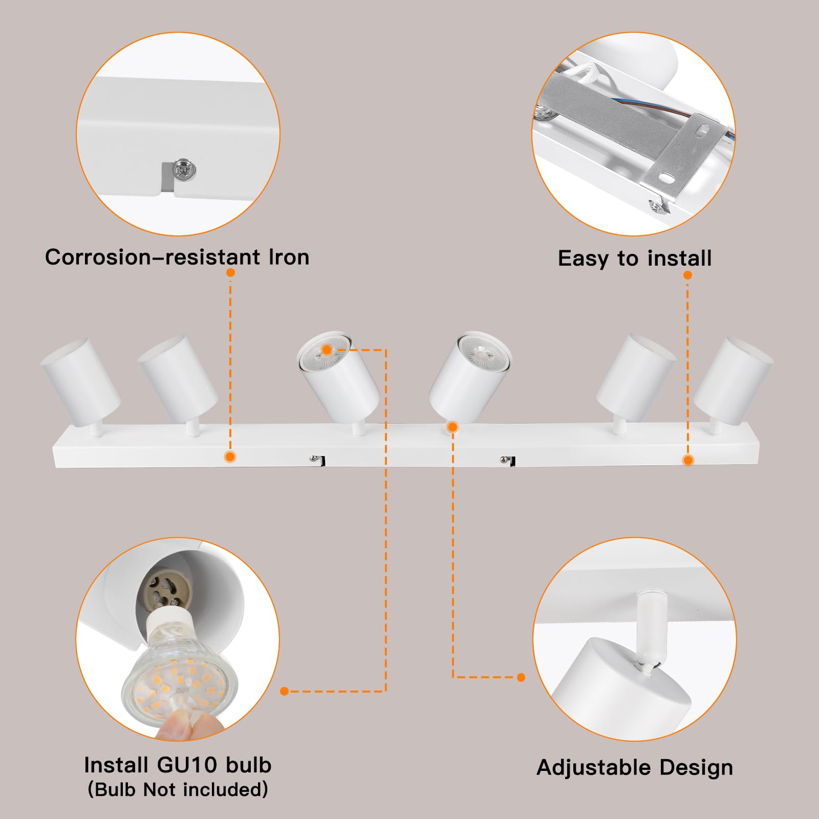 Ketom Faretti da Soffitto Orientabili Bianco, GU10 Lampada Faretti LED Soffitto, Faretto da Parete Moderna, Plafoniera LED con 6 Faretti per Cucina, Cameretta, Senza Lampadina