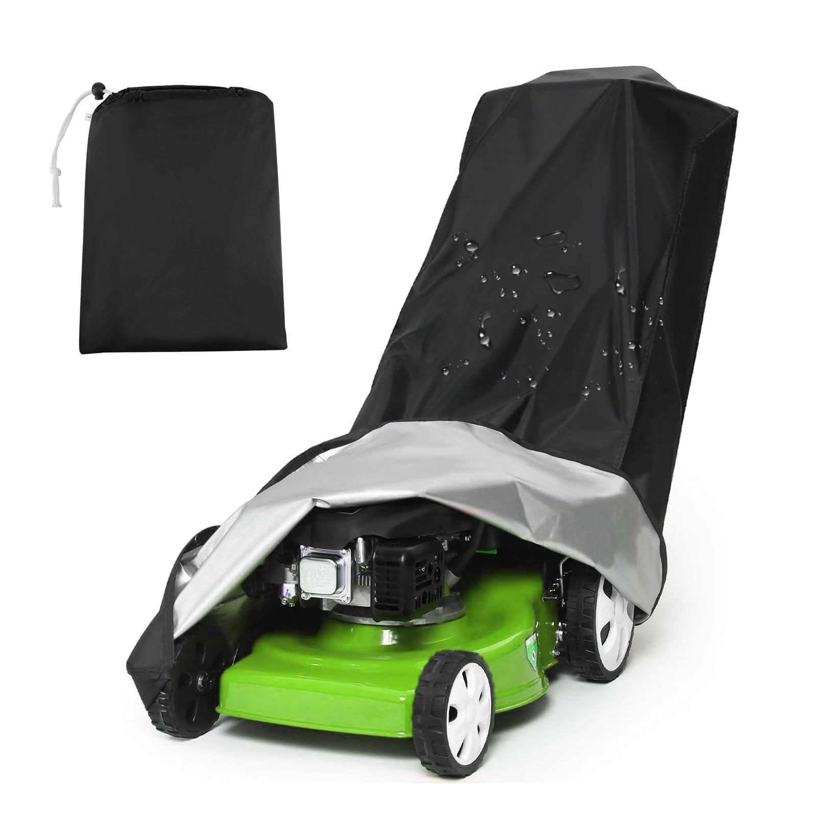 Copertura per Tosaerba, 210D Poliestere Copri Tagliaerba per Esterno con Cordino e Borsa Portaoggetti, Coperture per Tagliaerba Copertura da Giardino, Nero (195 x 66 x 112cm)