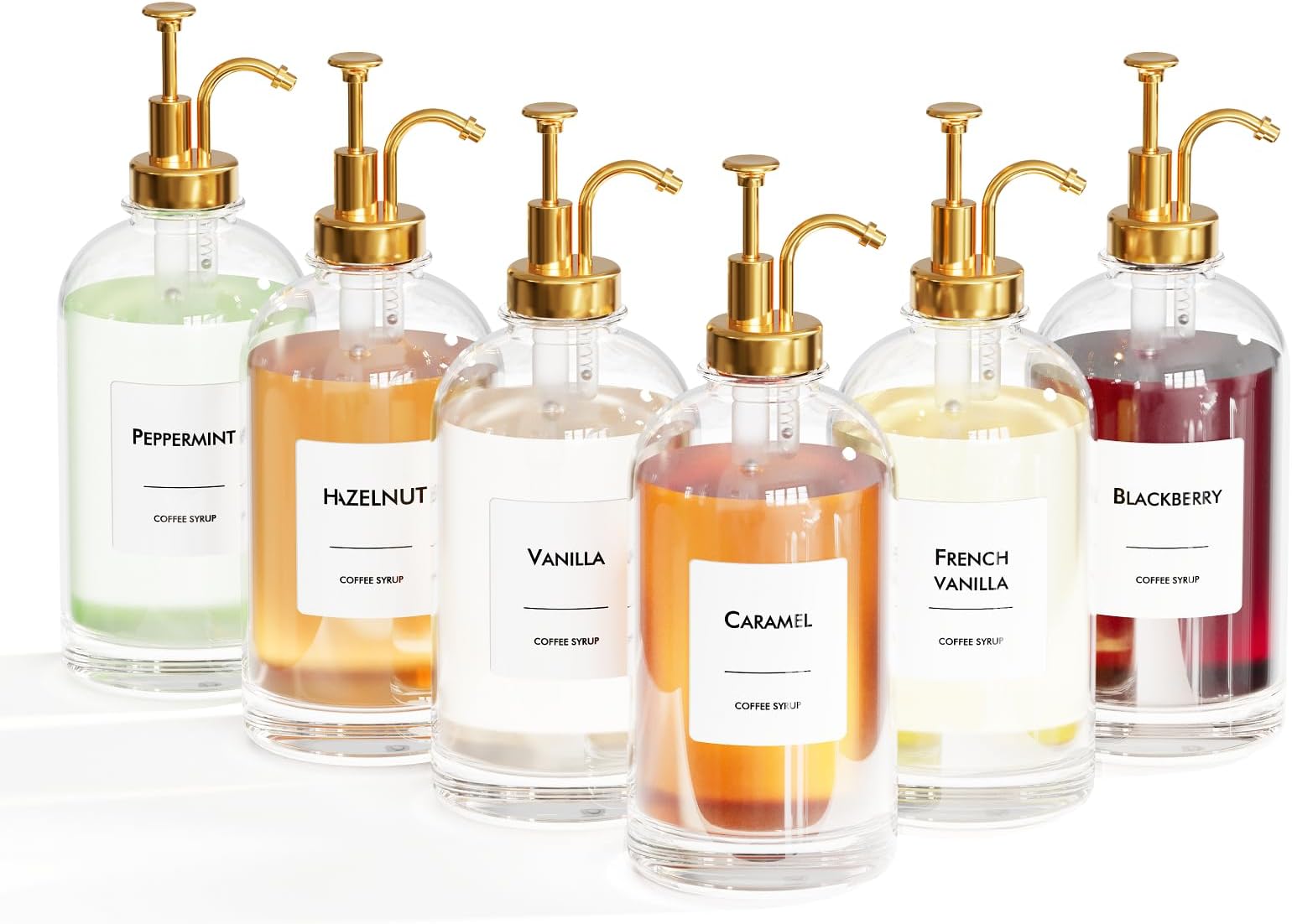 Coffee Syrup Dispenser Set 6 Glass Bottles with Gold