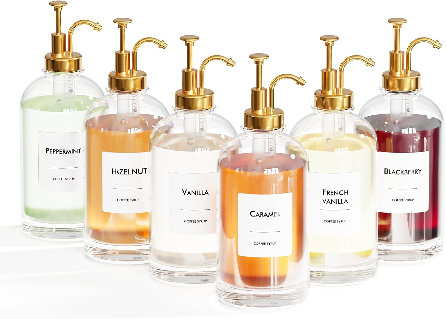 16.9 oz/500 ml Coffee Syrup Dispenser Set - 6 Glass Bottles with Gold Pumper and Syrup Labels - Precise Dispensing and Stylish Addition to Coffee Shop, Cafe or Home Bar