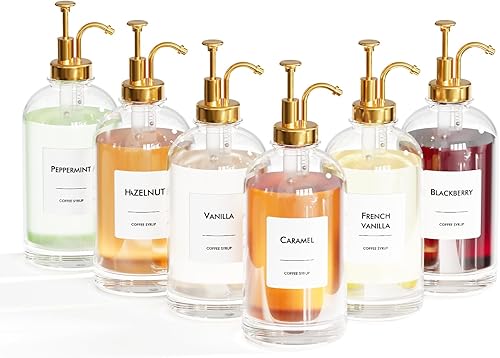 Juego de dispensador de jarabe de café de 16.9 onzas líquidas, 6 botellas de vidrio con bombas doradas y etiquetas de jarabe, dispensación precisa y