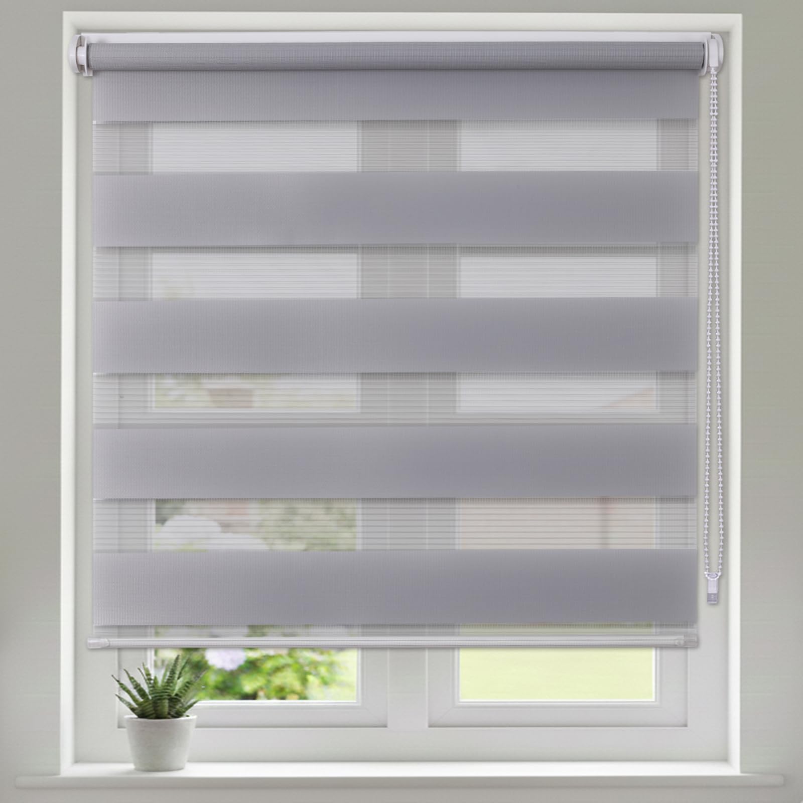 Maritown No Drill Day and Night Zebra Roller Blinds for Windows Double Layer Light Filtering Privacy and Blackout Blinds Stick on Easy Fit for Bedroom,Kitchen,Bathroom (Grey, 70W x 160H cm)