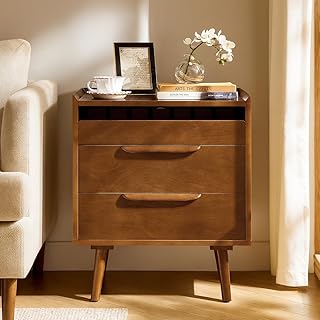 HULALA HOME 2 Drawer End Table with Pull-Out Shelf, Mid-Century Modern End Table with Wood Legs, Wood Side Table with Charging Station(Acorn)