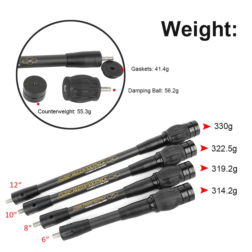 SHARROW Stabilisateur d'arc en Carbone pour Arc à Poulies, Noyau Flexible avec Système d'amortissement et Kit de Poids, Barre d'équilibre 6" 8" 10" 12" Tige Absorbeur de Chocs