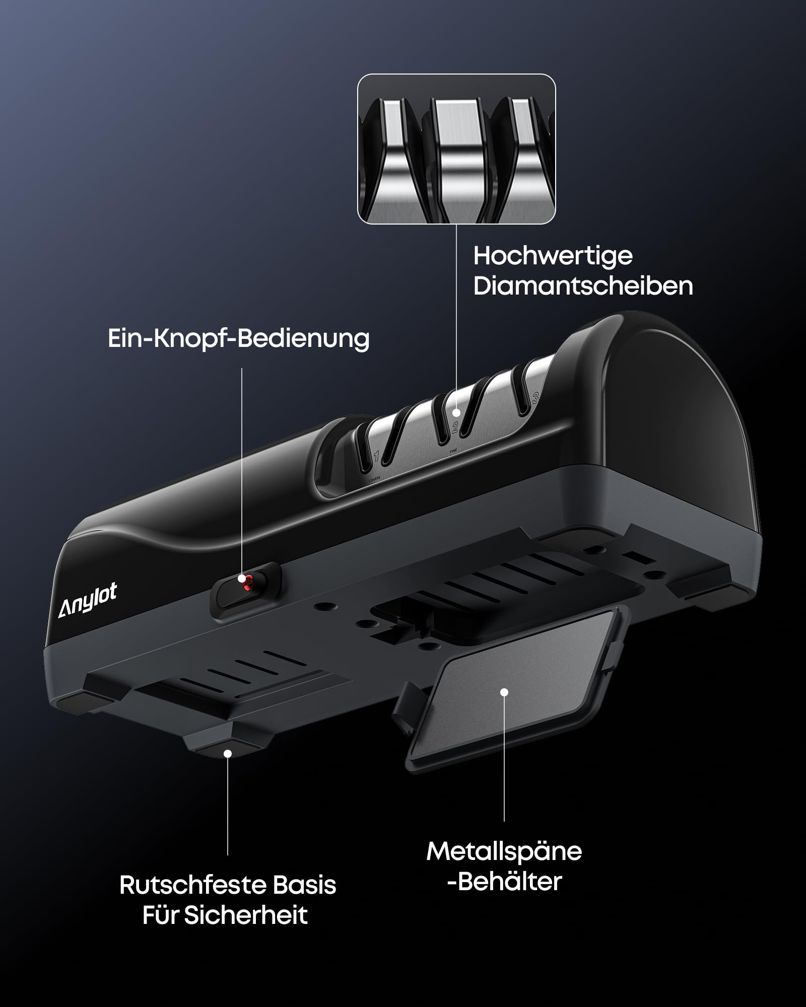 Elektrischer Messerschärfer 3-stufig mit Diamant-Schleifscheiben 20° Winkelführung