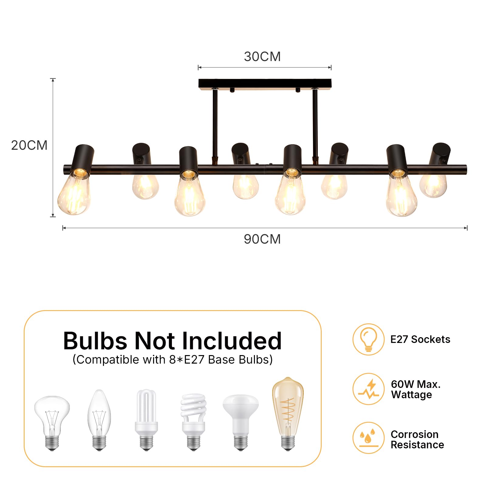 VivaLet Lampadario Soggiorno Moderni Nero, E27 Faretti Soffitto a 8-Luci, Testa Orientabile, Lampadario Vintage a Sospensione da Sala da Pranzo Regolabile in Altezza, Plafoniera Industrial per Cucina