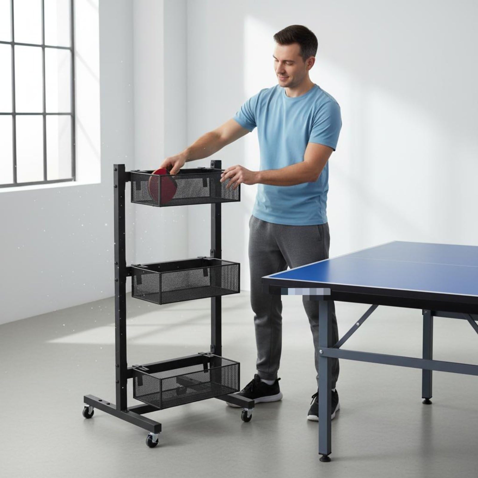 Gralara Porta Racchette da Pong Supporto Espositore Portapalline Rastrelliera in Metallo per Deposito Ordinato con Struttura, Nero Porta Racchette Da Tavolo - 48x20x42 Cm