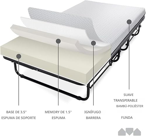 Miniatura 7 de Milliard Cama plegable Diplomat de lujo tamaño individual con lujoso colchón de espuma viscoelástica y un marco resistente súper fuerte 75 x 38