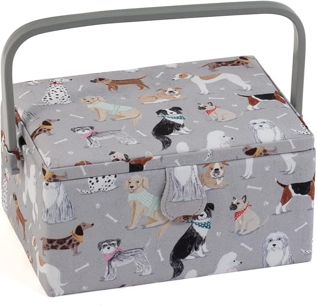Hobby Gift Exclusive Medium Sewing Craft Hobby Storage Box, Accessories Tray Pin Cushion Pocket PVC Handle 18.5 x 25.5 x 14.5cm, Grey Dogs