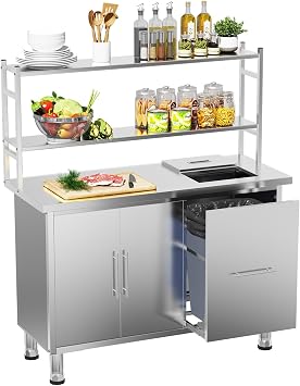 Stainless Steel Table with Trash Can Holder, 48x20 Prep Table