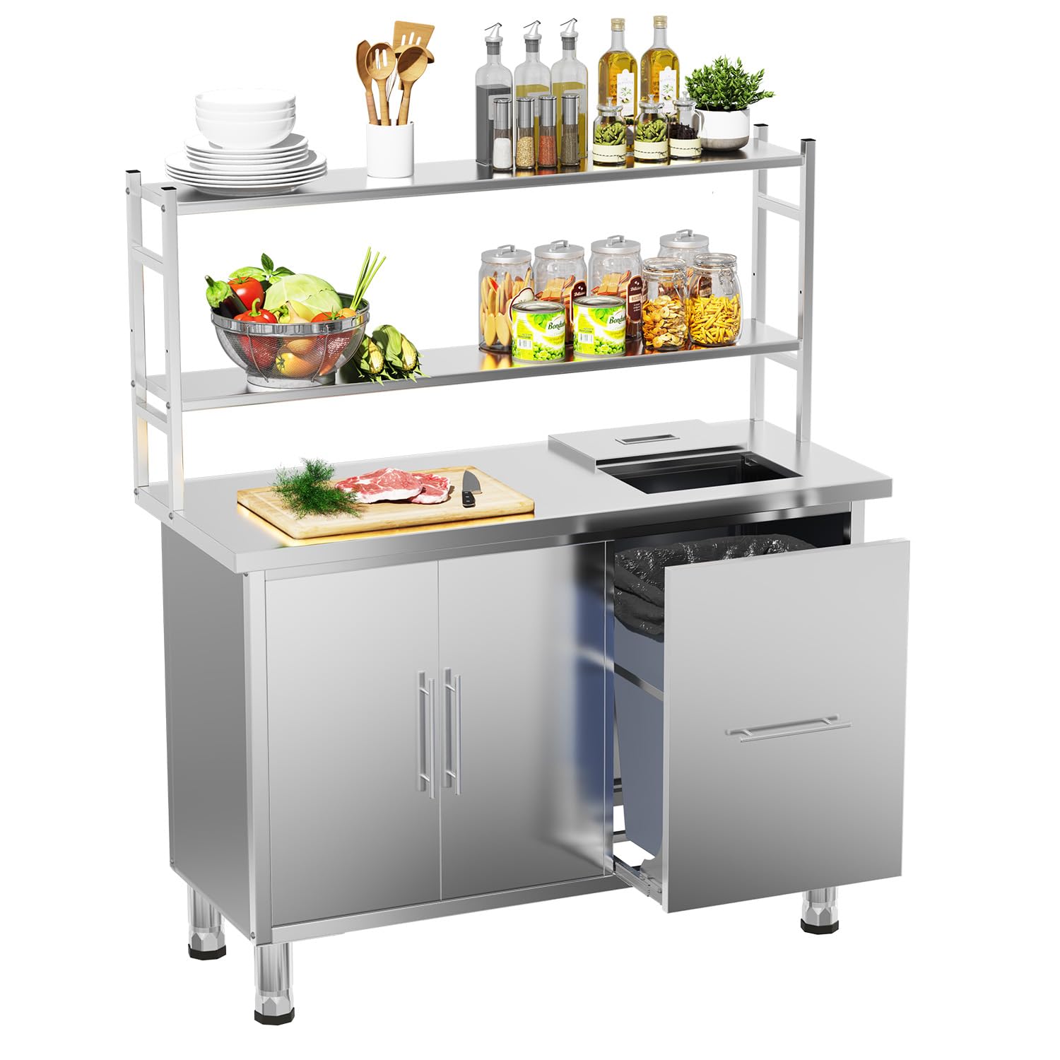 Stainless Steel Table with Trash Can Holder, 48”x20” Prep Table