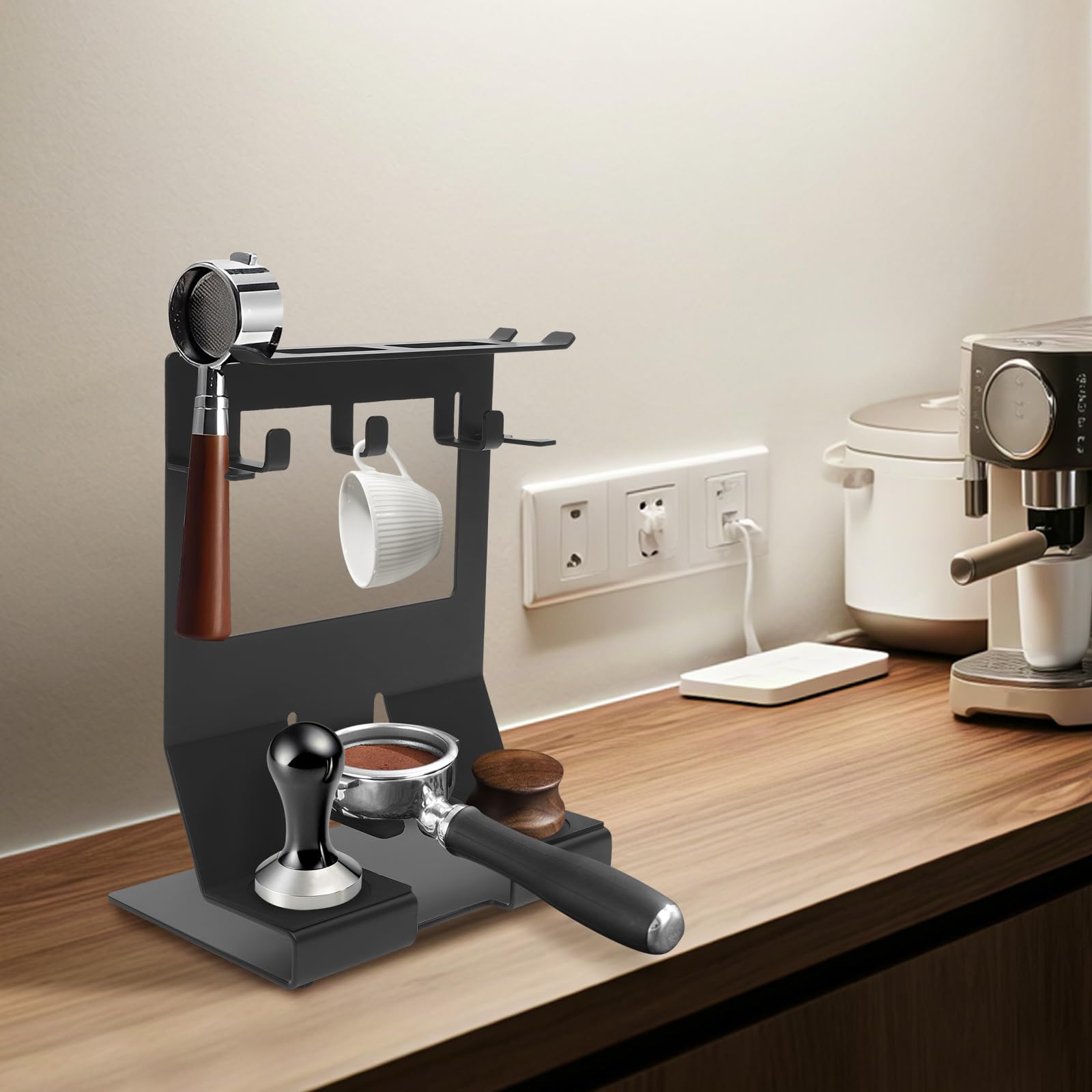 Küchenregal, Kaffee-Zubehör Organizer Mit Tamper Station, Kaffeemaschine Aufbewahrung für Siebträger Tamper, Kaffee Station Montagefrei Platzsparend für Küche, Bar, Café