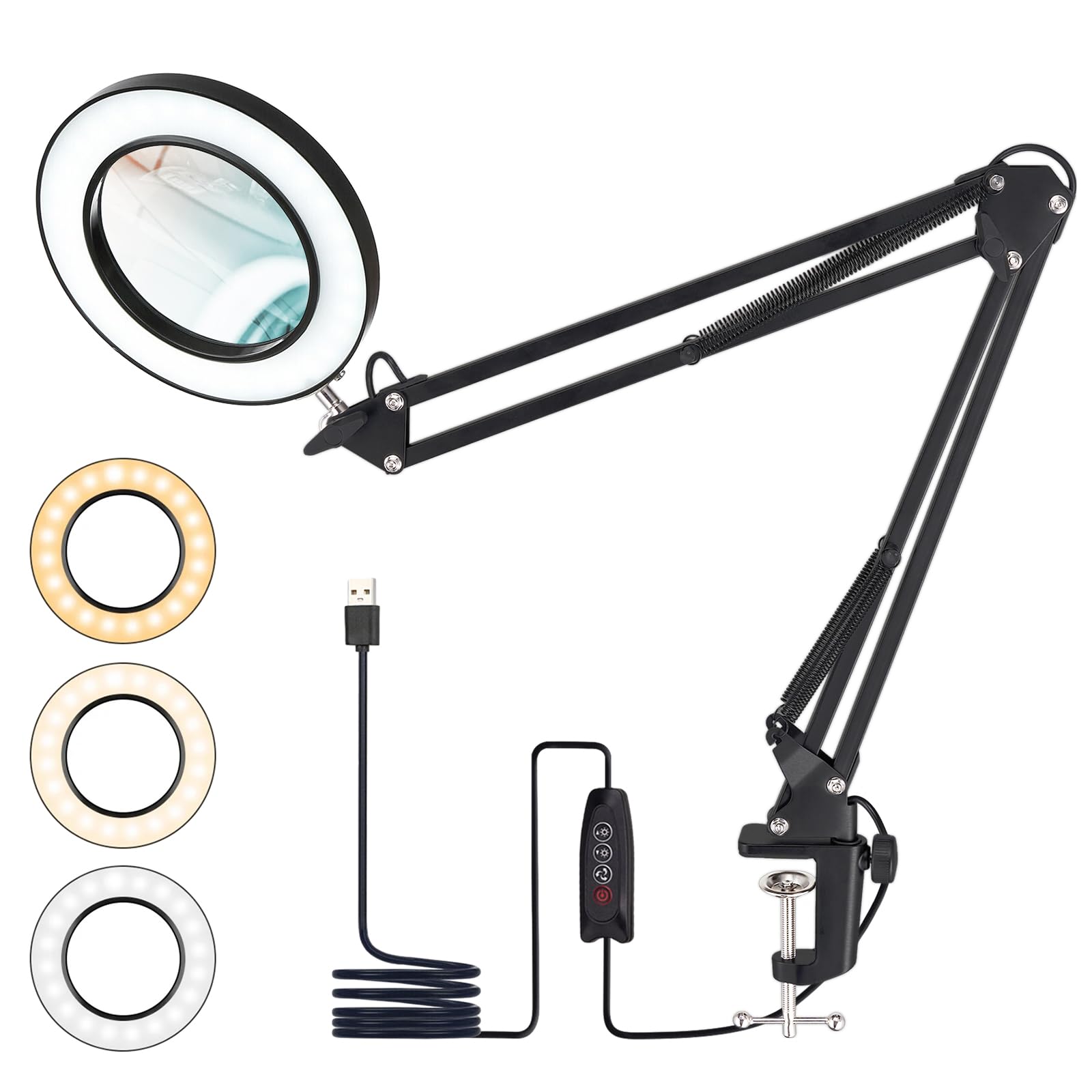 Ricyea Led Lupenlampe, 10X Lupenleuchte mit Klemme, Leselampe 3 Farbemodi, 10 Helligkeitsstufen Dimmbar Schreibtischlampe mit Lupe für Lesen, Hobbys, Basteln, Senioren (Schwarz)