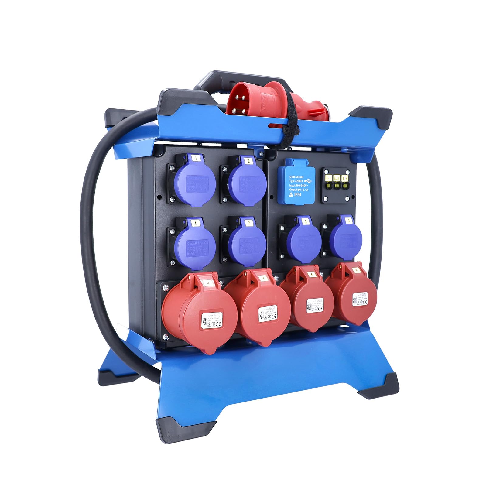 as - Schwabe CEE Stromverteiler STECKY 11, 4x SEV T23 IP55 & 2x CEE 16 A, 400 V 11 kW, 2,5 m H07RN-F 5G2,5, Robustes Metallgestell, IP44 spritzwassergeschützt