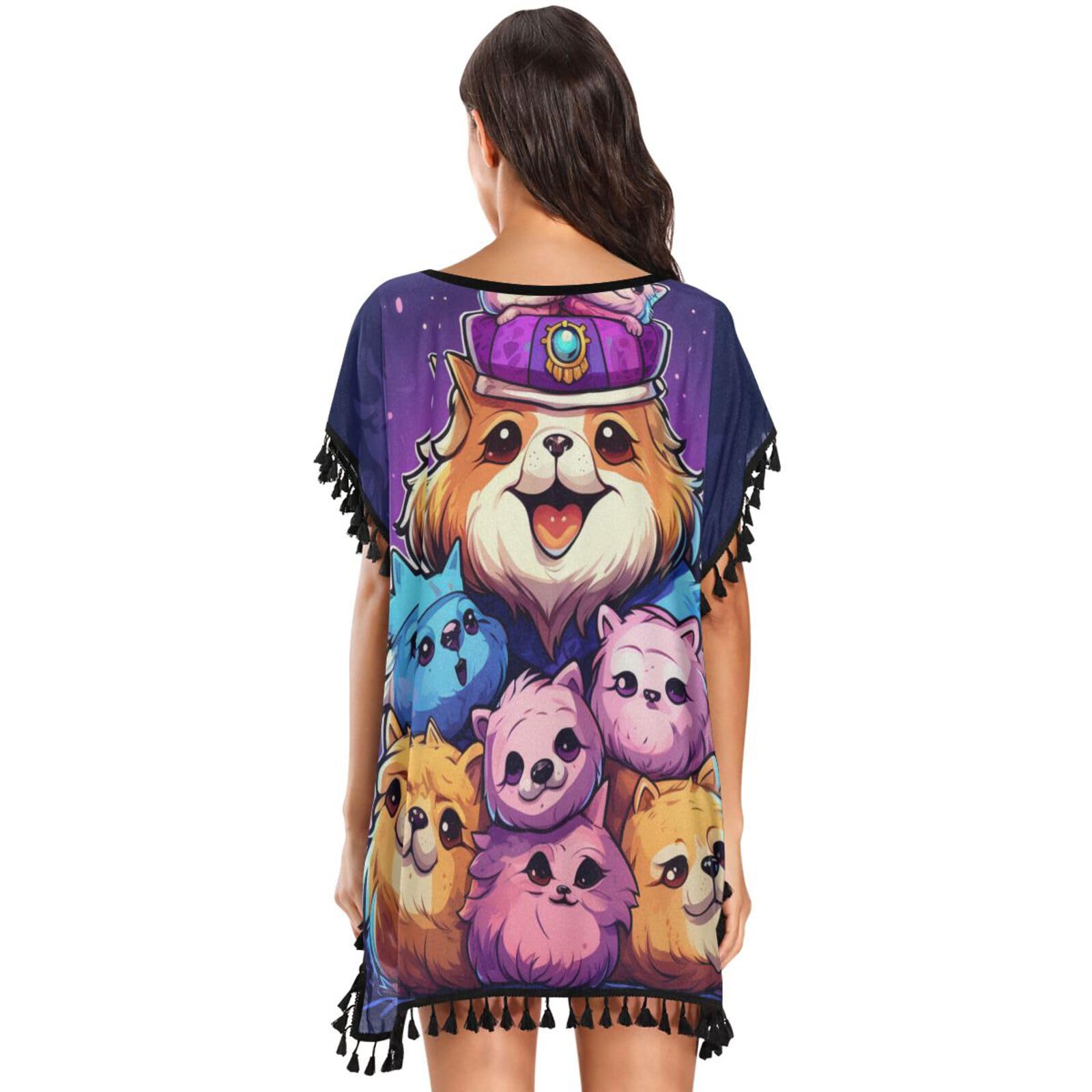 KAAVIYO Doodle Style Cute Panda Women's Beach Cover Up Chiffon Tassel Swimwear Swimsuit Coverups for Girl