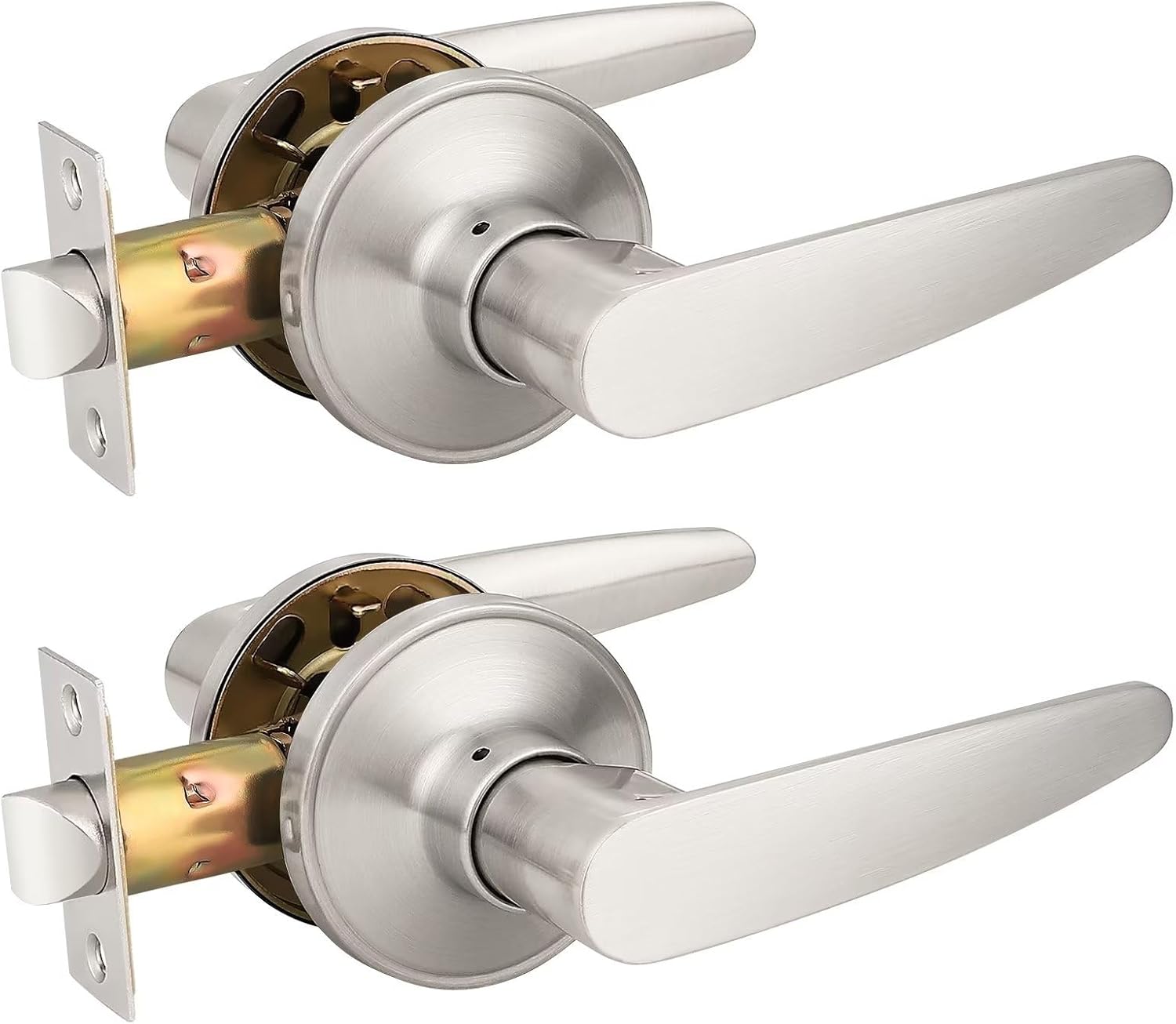 Probrico 2 Pack Unlocking Passage Door Levers Keyless Door Handles Lockset with Satin Nickel Finish for Hallway/Closets/Laundry Rooms, Home/Office Use